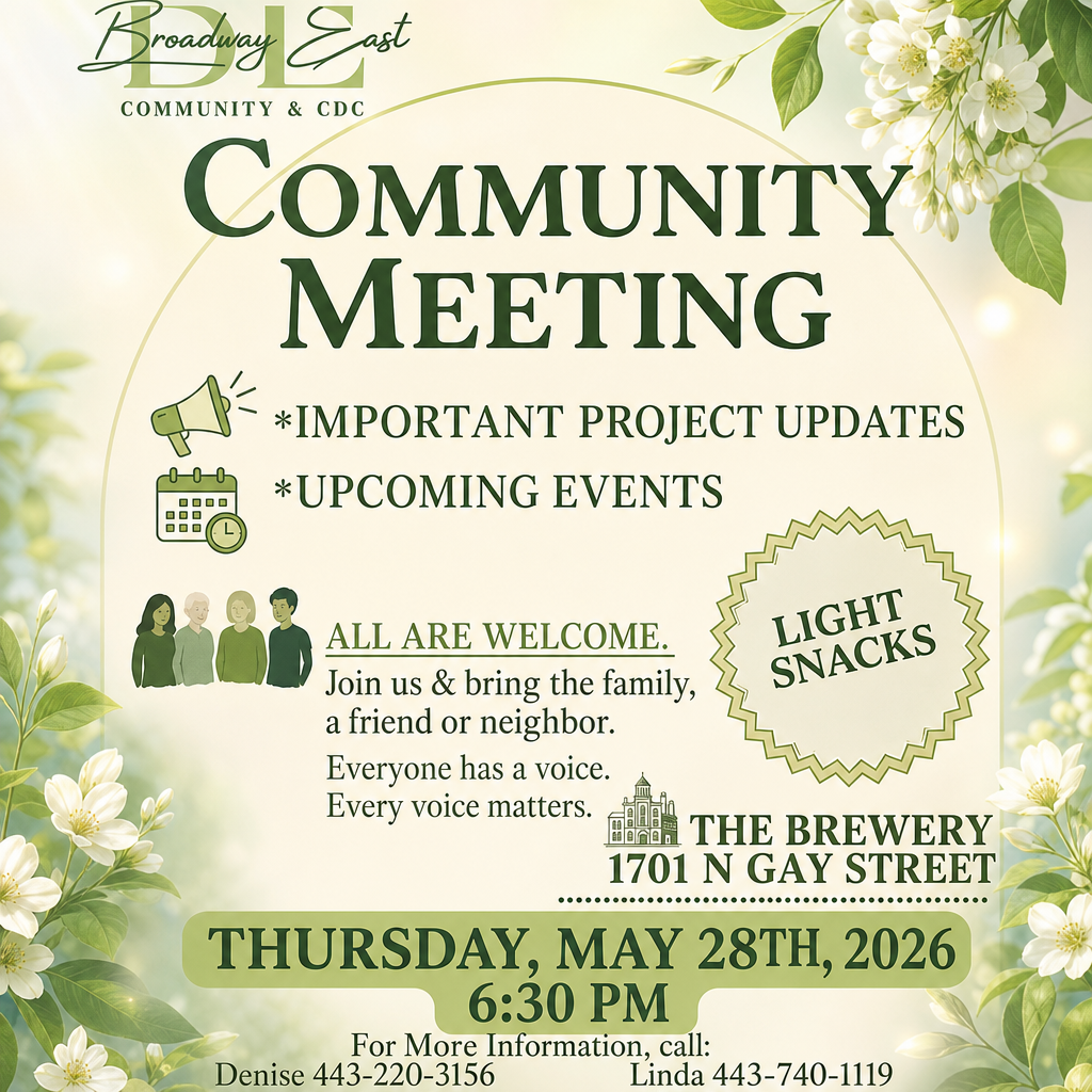 Flyer of the Broadway East Community Meeting for May 28 2026